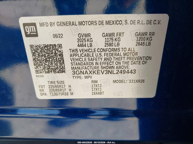 3GNAXKEV3NL249443 Chevrolet Equinox Fwd Lt