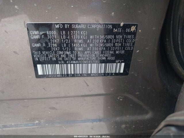 Aukcja sprzedaży 2021 Subaru Ascent Touring, vin: 4S4WMARD5M3457560, numer aukcji: 45432029