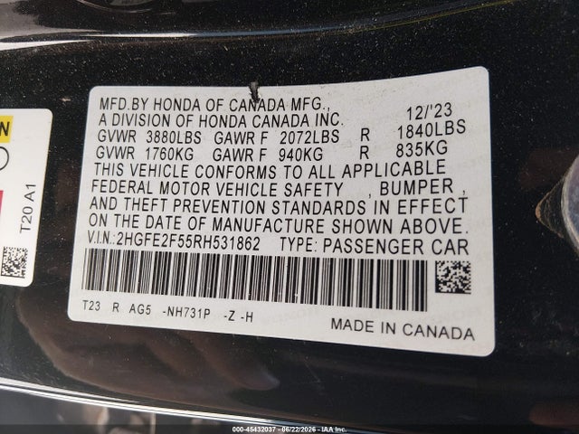 45432037 :رقم المزاد ، 2HGFE2F55RH531862 vin ، 2024 Honda Civic Sport مزاد بيع