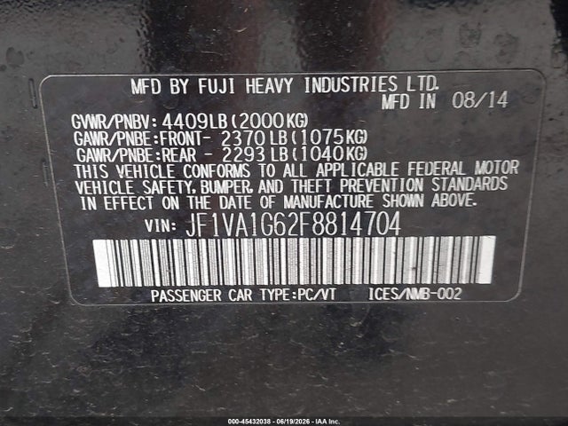 45432038 :رقم المزاد ، JF1VA1G62F8814704 vin ، 2015 Subaru Wrx Limited مزاد بيع