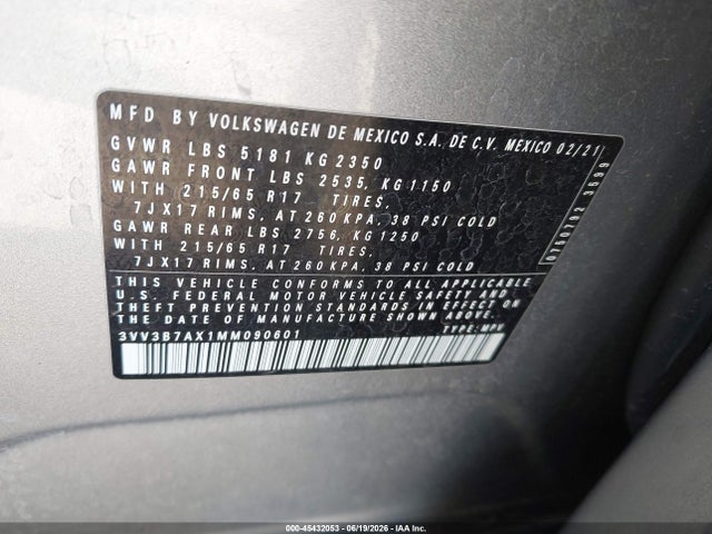 45432053 :رقم المزاد ، 3VV3B7AX1MM090601 vin ، 2021 Volkswagen Tiguan 2.0t Se/2.0t Se R-line Black/2.0t Sel مزاد بيع