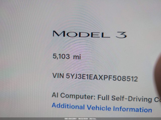 Продажа на аукционе авто 2023 Tesla Model 3 Rear-wheel Drive, vin: 5YJ3E1EAXPF508512, номер лота: 45432061