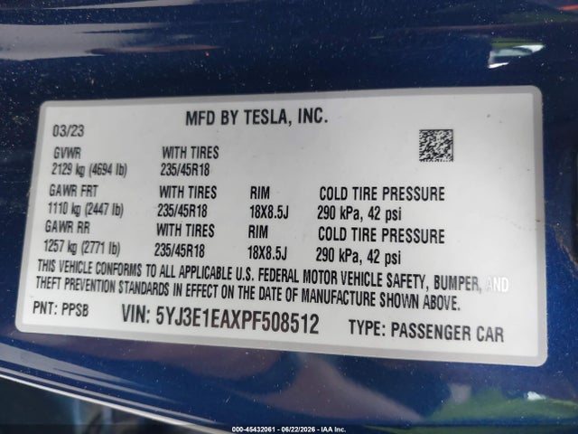Продажа на аукционе авто 2023 Tesla Model 3 Rear-wheel Drive, vin: 5YJ3E1EAXPF508512, номер лота: 45432061