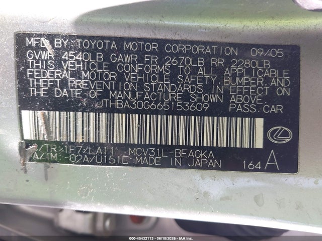 2006 Lexus Es 330 მანქანა იყიდება აუქციონზე, vin: JTHBA30G665153609, აუქციონის ნომერი: 45432113