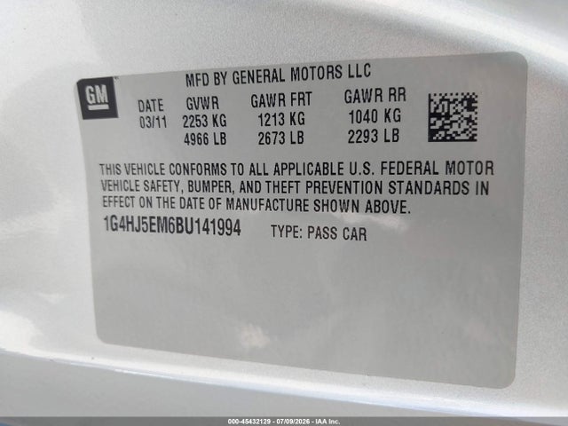 Продажа на аукционе авто 2011 Buick Lucerne Cxl Premium, vin: 1G4HJ5EM6BU141994, номер лота: 45432129