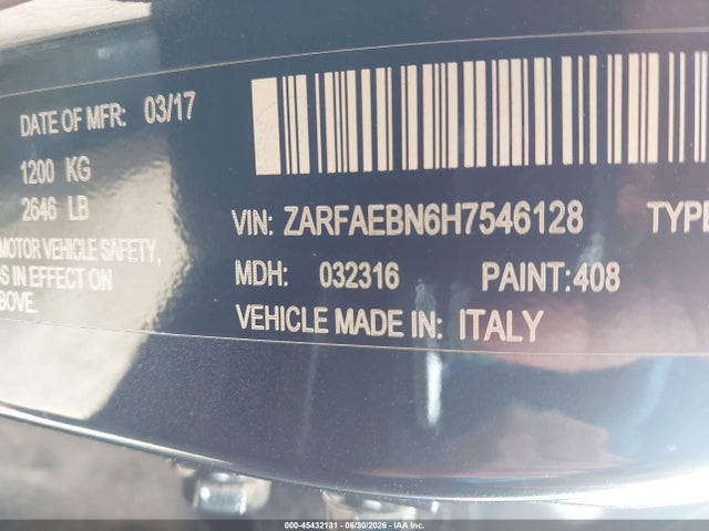 Продаж на аукціоні авто 2017 Alfa Romeo Giulia Rwd, vin: ZARFAEBN6H7546128, номер лоту: 45432131