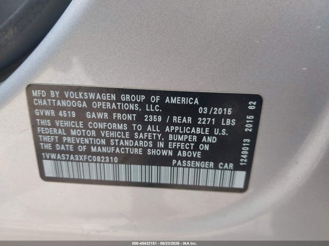 45432151 :رقم المزاد ، 1VWAS7A3XFC082310 vin ، 2015 Volkswagen Passat 1.8t Limited Edition مزاد بيع