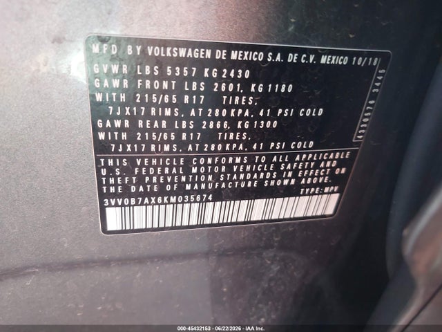 Aukcja sprzedaży 2019 Volkswagen Tiguan 2.0t S, vin: 3VV0B7AX6KM035674, numer aukcji: 45432153