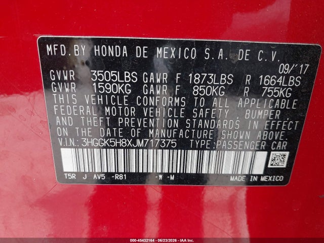 Honda FIT EX 2018 3HGGK5H8XJM717375 Image 9