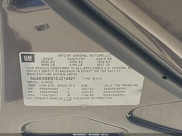 2012 Buick Enclave Premium მანქანა იყიდება აუქციონზე, vin: 5GAKVDED1CJ214427, აუქციონის ნომერი: 45432217