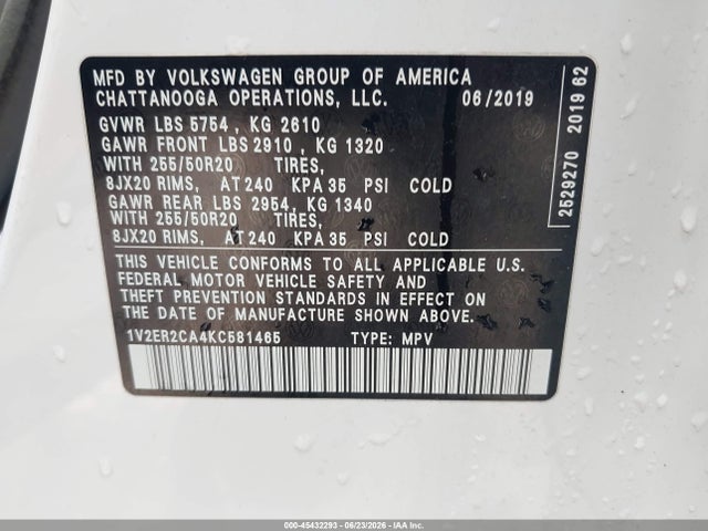 2019 Volkswagen Atlas 3.6l V6 Sel მანქანა იყიდება აუქციონზე, vin: 1V2ER2CA4KC581465, აუქციონის ნომერი: 45432293