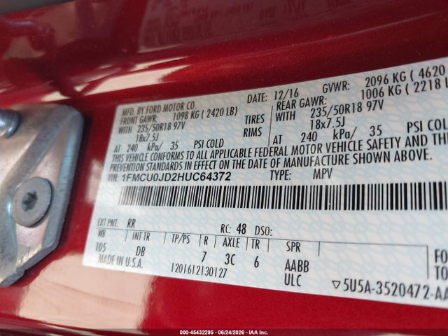 Aukcja sprzedaży 2017 Ford Escape Titanium, vin: 1FMCU0JD2HUC64372, numer aukcji: 45432295