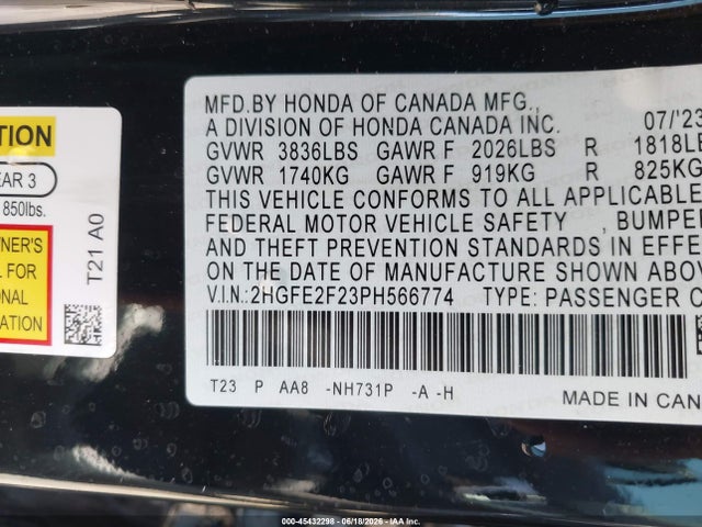 2HGFE2F23PH566774 Honda Civic Lx