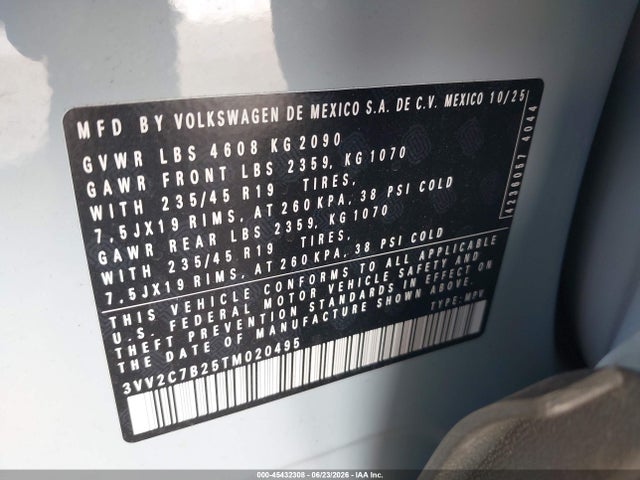 45432308 :رقم المزاد ، 3VV2C7B25TM020495 vin ، 2026 Volkswagen Taos Se Black مزاد بيع