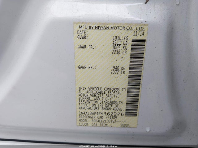 2015 Nissan Altima 2.5 S მანქანა იყიდება აუქციონზე, vin: 1N4AL3AP4FN362276, აუქციონის ნომერი: 45432316