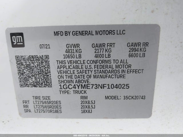 1GC4YME73NF104025 Chevrolet Silverado 2500hd 4wd Standard Bed Custom