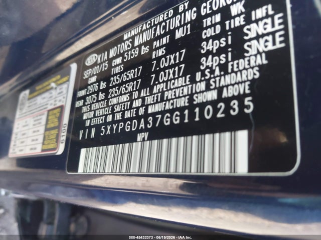 KIA Sorento 2.4l Lx 2016 5XYPGDA37GG110235 Image 9