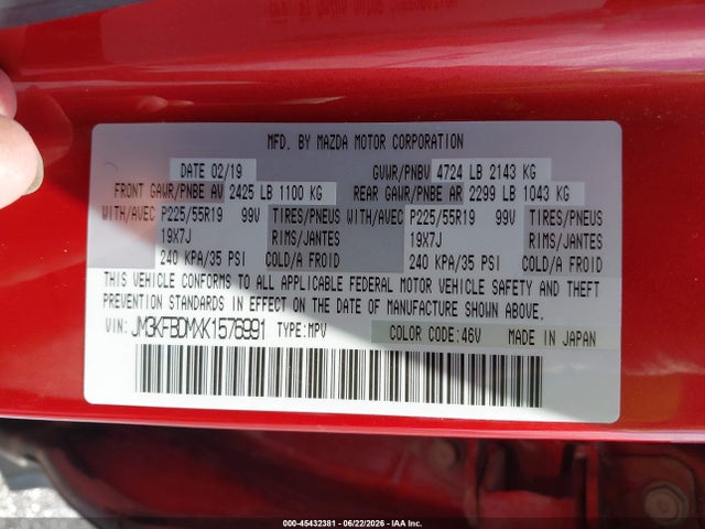 45432381 :رقم المزاد ، JM3KFBDMXK1576991 vin ، 2019 Mazda Cx-5 Grand Touring مزاد بيع