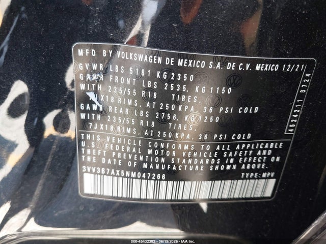 3VV3B7AX5NM047266 Volkswagen Tiguan 2.0t Se