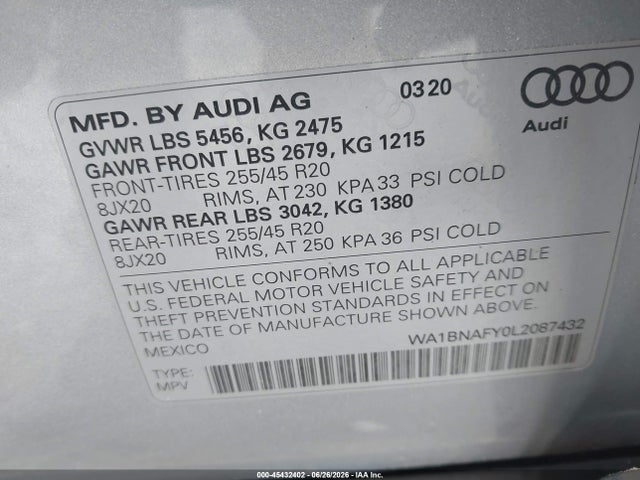 2020 Audi Q5 Premium Plus 45 Tfsi Quattro S Tronic მანქანა იყიდება აუქციონზე, vin: WA1BNAFY0L2087432, აუქციონის ნომერი: 45432402