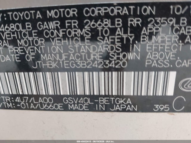 45432415 :رقم المزاد ، JTHBK1EG3B2423420 vin ، 2011 Lexus Es 350 مزاد بيع