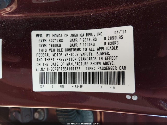 Honda ACCORD EX 2014 1HGCR2F78EA199627 Image 9