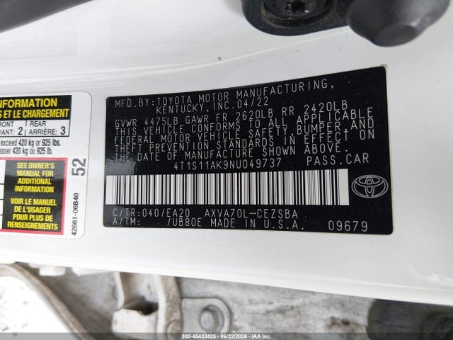 Aukcja sprzedaży 2022 Toyota Camry Se, vin: 4T1S11AK9NU049737, numer aukcji: 45432425