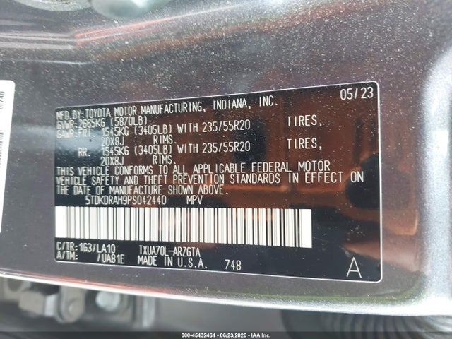 45432464 :رقم المزاد ، 5TDKDRAH9PS042440 vin ، 2023 Toyota Highlander Platinum مزاد بيع