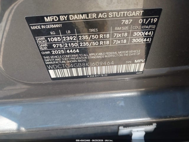 45432465 :رقم المزاد ، WDCTG4GB8KJ609464 vin ، 2019 Mercedes-benz Gla 250 4matic مزاد بيع