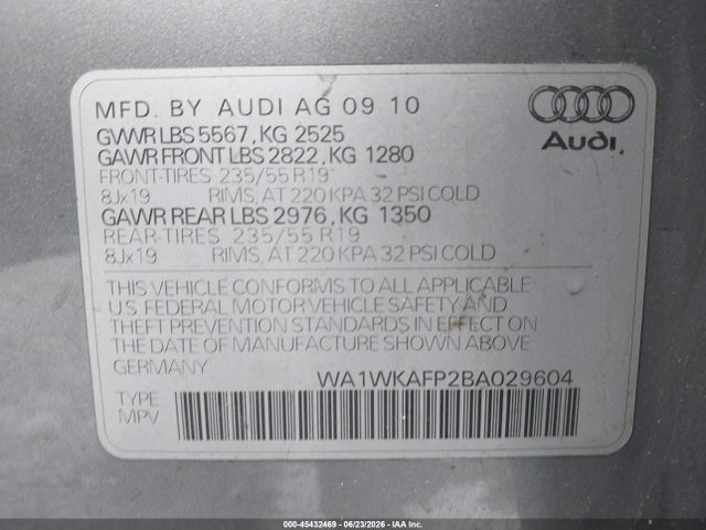 Aukcja sprzedaży 2011 Audi Q5 3.2 Premium Plus, vin: WA1WKAFP2BA029604, numer aukcji: 45432469