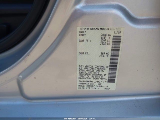 2019 Nissan Altima 2.5 S მანქანა იყიდება აუქციონზე, vin: 1N4BL4BW9KC140774, აუქციონის ნომერი: 45432501