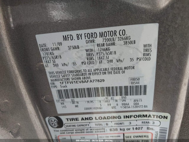 2010 Ford F-150 Fx4/harley-davidson/king Ranch/lariat/platinum/xl/xlt მანქანა იყიდება აუქციონზე, vin: 1FTFW1EV8AFA77829, აუქციონის ნომერი: 45432502