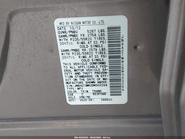 45432532 :رقم المزاد ، JN8AZ1MW2DW303254 vin ، 2013 Nissan Murano Le مزاد بيع