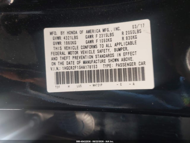 1HGCR2F15HA178153 Honda Accord Sport Se
