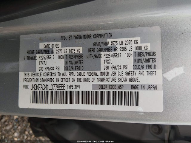2020 Mazda Cx-5 Touring მანქანა იყიდება აუქციონზე, vin: JM3KFACM1L0778556, აუქციონის ნომერი: 45432551