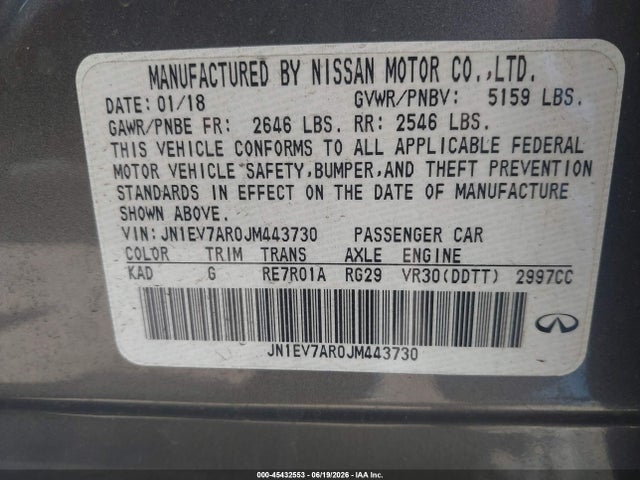 Продаж на аукціоні авто 2018 Infiniti Q50 3.0t Luxe, vin: JN1EV7AR0JM443730, номер лоту: 45432553