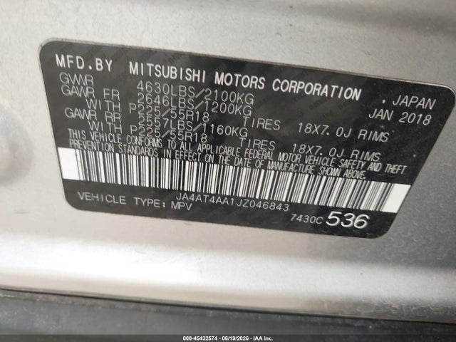 Aukcja sprzedaży 2018 Mitsubishi Eclipse Cross Le, vin: JA4AT4AA1JZ046843, numer aukcji: 45432574