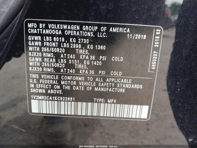 45432585 :رقم المزاد ، 1V2MR2CA1KC522661 vin ، 2019 Volkswagen Atlas 3.6l V6 Sel مزاد بيع