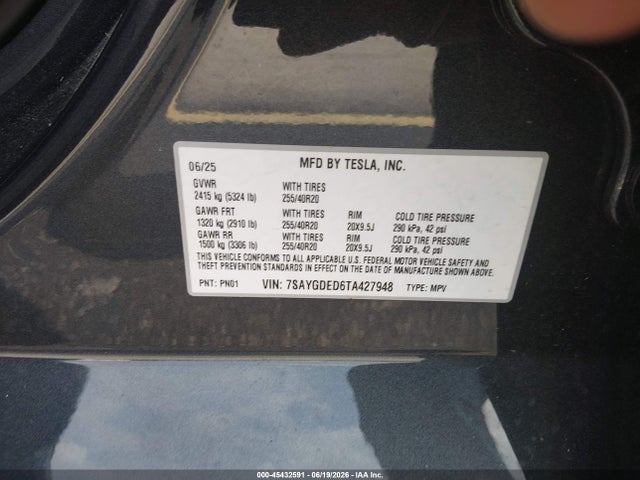Продажа на аукционе авто 2026 Tesla Model Y Premium Rear-wheel Drive/rear-wheel Drive, vin: 7SAYGDED6TA427948, номер лота: 45432591