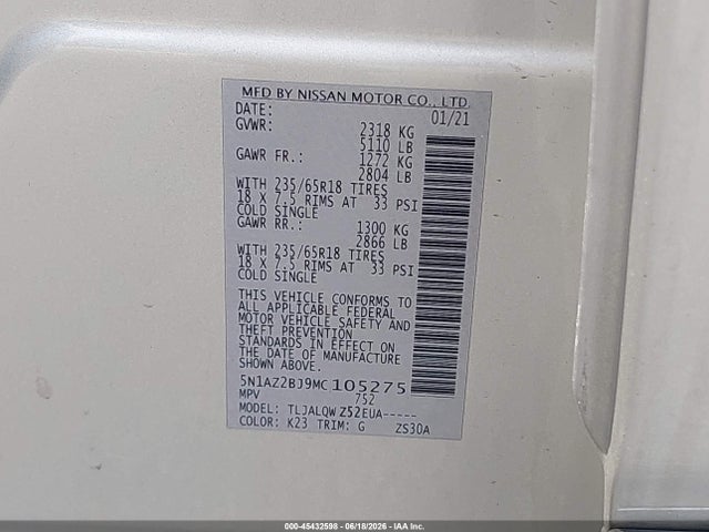 Продажа на аукционе авто 2021 Nissan Murano Sv Fwd, vin: 5N1AZ2BJ9MC105275, номер лота: 45432598