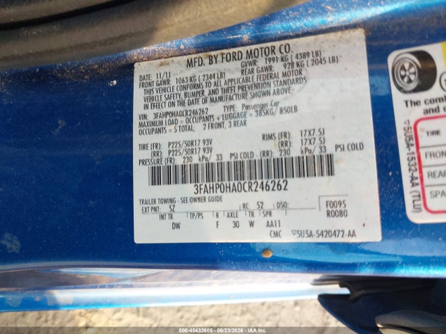 45432605 :رقم المزاد ، 3FAHP0HA0CR246262 vin ، 2012 Ford Fusion Se مزاد بيع