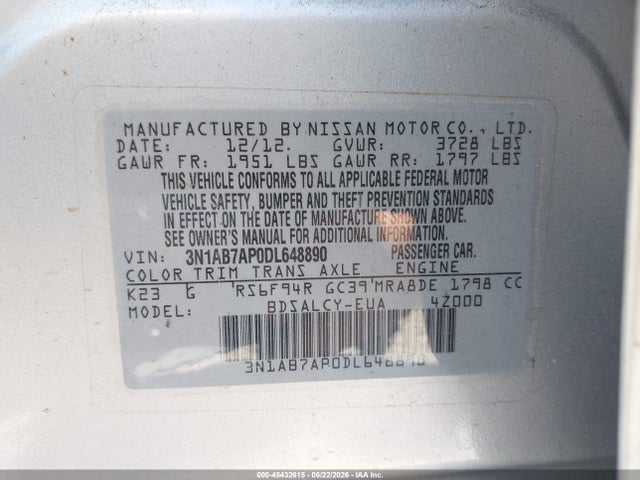 Aukcja sprzedaży 2013 Nissan Sentra S, vin: 3N1AB7AP0DL648890, numer aukcji: 45432615