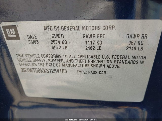 Продаж на аукціоні авто 2008 Chevrolet Impala Lt, vin: 2G1WT58K381329000, номер лоту: 45432618
