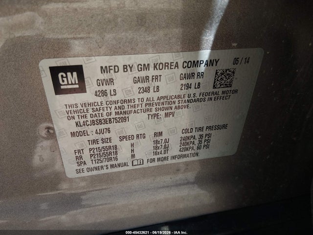 45432621 :رقم المزاد ، KL4CJBSB3EB752091 vin ، 2014 Buick Encore Convenience مزاد بيع