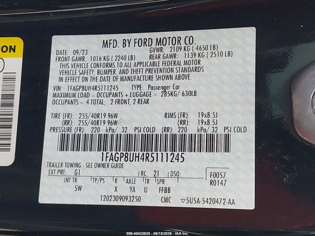 Auction sale of the 2024 Ford Mustang Ecoboost Premium, vin: 1FAGP8UH4R5111245, lot number: 45432625