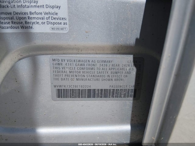 45432626 :رقم المزاد ، WVWTK73C28E182224 vin ، 2008 Volkswagen Passat Lux مزاد بيع
