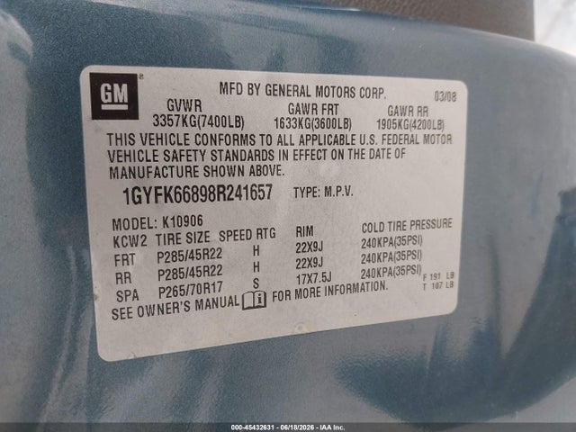 Продажа на аукционе авто 2008 Cadillac Escalade Esv Standard, vin: 1GYFK66898R241657, номер лота: 45432631
