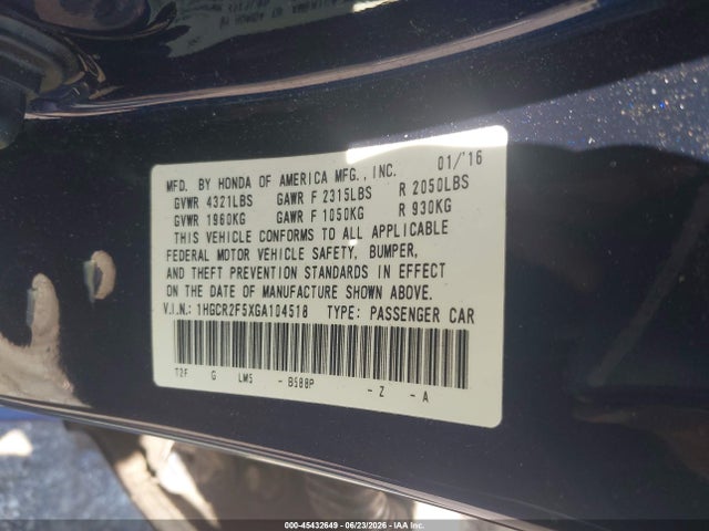Продажа на аукционе авто 2016 Honda Accord Sport, vin: 1HGCR2F5XGA104518, номер лота: 45432649