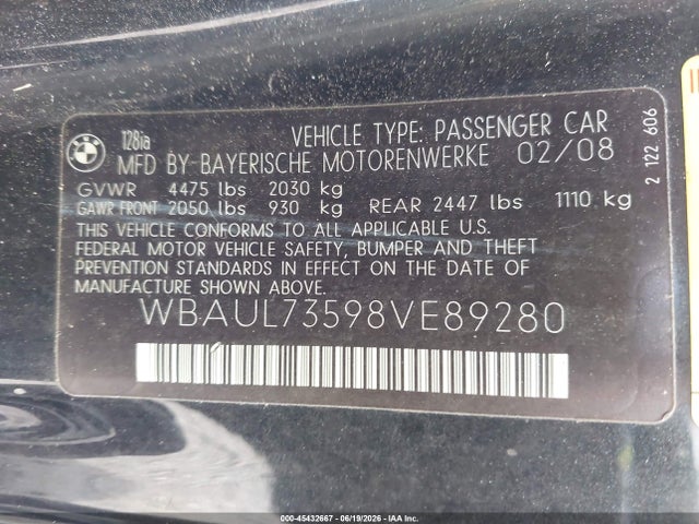 Aukcja sprzedaży 2008 Bmw 128i, vin: WBAUL73598VE89280, numer aukcji: 45432667