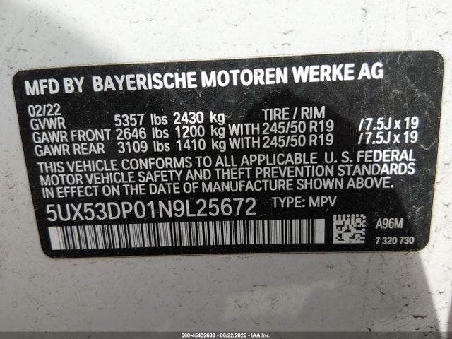 5UX53DP01N9L25672 BMW X3 Xdrive30i